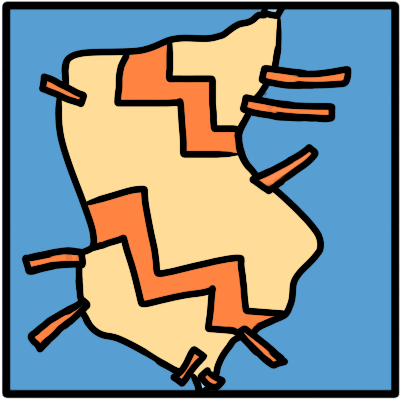 a blue square, with a jagged yellow and orange zigzag patch, stitched on with big orange stitches.